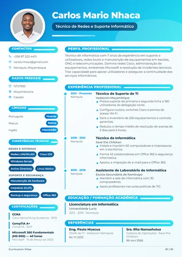 CV com foto de Carlos Mario Nhaca, técnico de redes e suporte informático, no design Moderno, em azul
