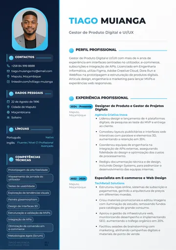 CV com foto de Tiago Muianga, gestor de produto digital e UI/UX, no design Retrato, com a foto em arco, em azul-marinho e azul-celeste