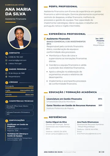 CV com foto de Ana Maria da Silva, assistente financeira, no design Executivo, em azul-marinho e dourado