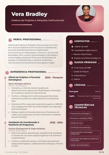 CV com foto de Vera Bradley, gestora de projetos e relações institucionais, no design Elegante, em vinho e rosa
