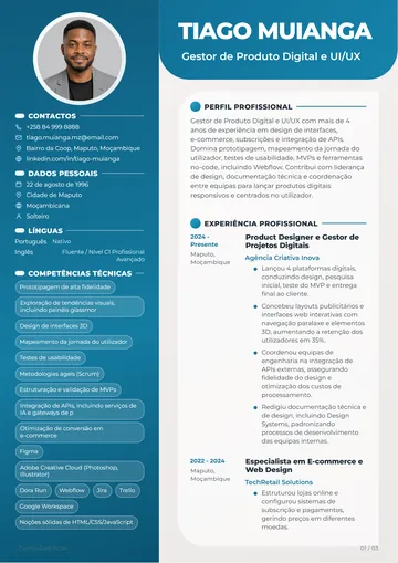 CV com foto de Tiago Muianga, gestor de produto digital e UI/UX, no design Profissional, em azul-petróleo com cantos arredondados