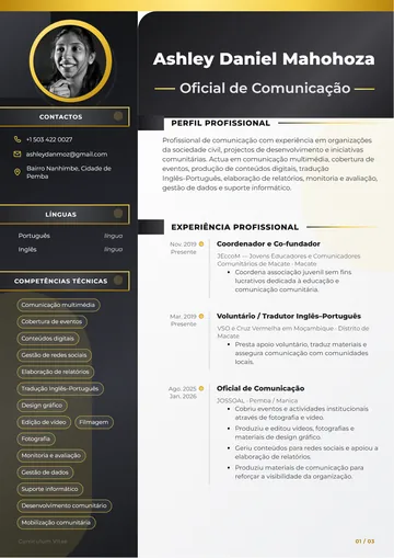 CV com foto de Ashley Daniel Mahohoza, oficial de comunicação, no design Premium, em preto e dourado