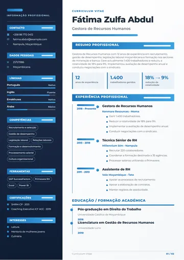 CV sem foto de Fátima Zulfa Abdul, gestora de recursos humanos, no design Editorial, em azul-marinho e azul